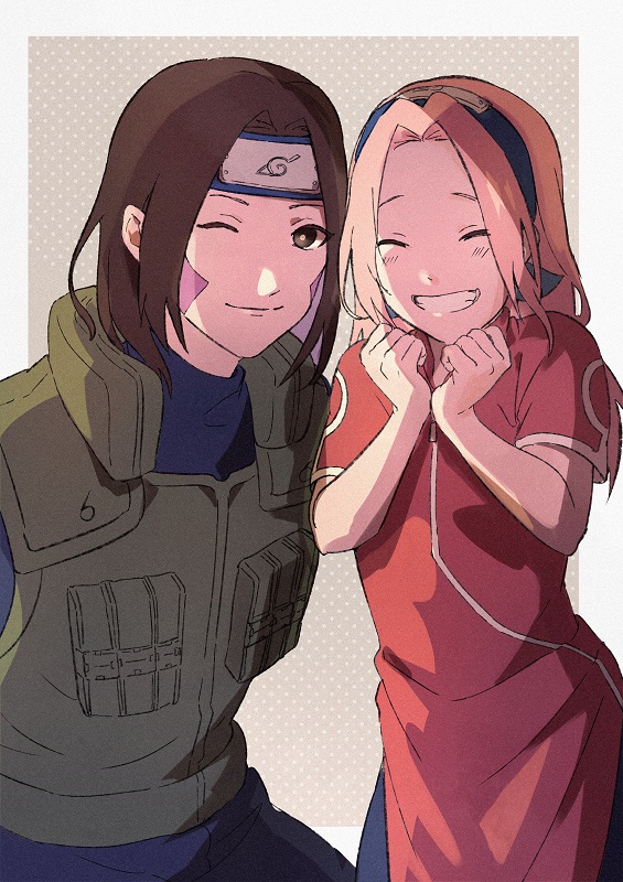 2girls, ;), age_difference, aged_up, alternate_universe, blue_hairband, blue_headband, blue_pants, blush, brown_eyes, brown_hair, closed_eyes, closed_mouth, dress, facial_mark, facing_viewer, flak_jacket, forehead_protector, green_jacket, grin, hair_intakes, hairband, hands_up, happy, haruno_sakura, headband, jacket, konohagakure_symbol, long_hair, looking_at_viewer, matching_hair/eyes, multiple_girls, naruto_(classic), naruto_(series), ninja, nohara_rin, one_eye_closed, pants, parted_lips, pink_hair, red_dress, shirt, short_hair, short_sleeves, side_slit, sleeveless, sleeveless_jacket, smile, squatting, standing, teeth, utu310, zipper, zipper_pull_tab