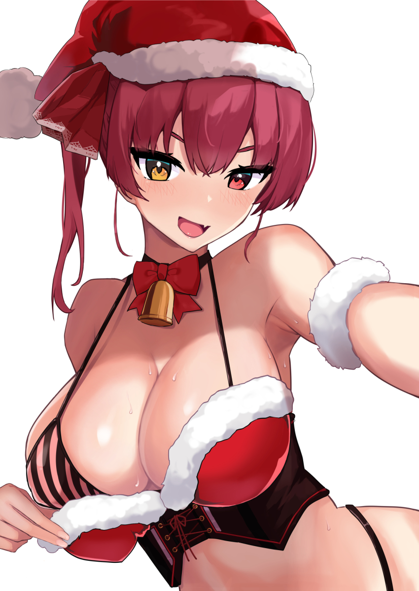 1girl, bow, bowtie, bra, breasts, choker, corset, fang, female_focus, hat, heterochromia, highres, hololive, houshou_marine, large_breasts, lingerie, looking_at_viewer, open_mouth, oritonagi, red_bra, red_eyes, red_hair, santa_hat, simple_background, solo, twintails, underwear, upper_body, virtual_youtuber, white_background, yellow_eyes