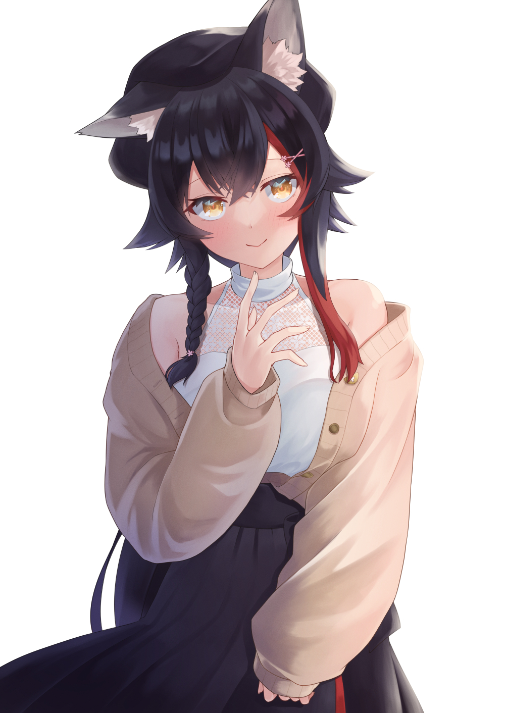 1girl, animal_ears, bare_shoulders, beige_cardigan, beret, black_hair, black_shirt, braid