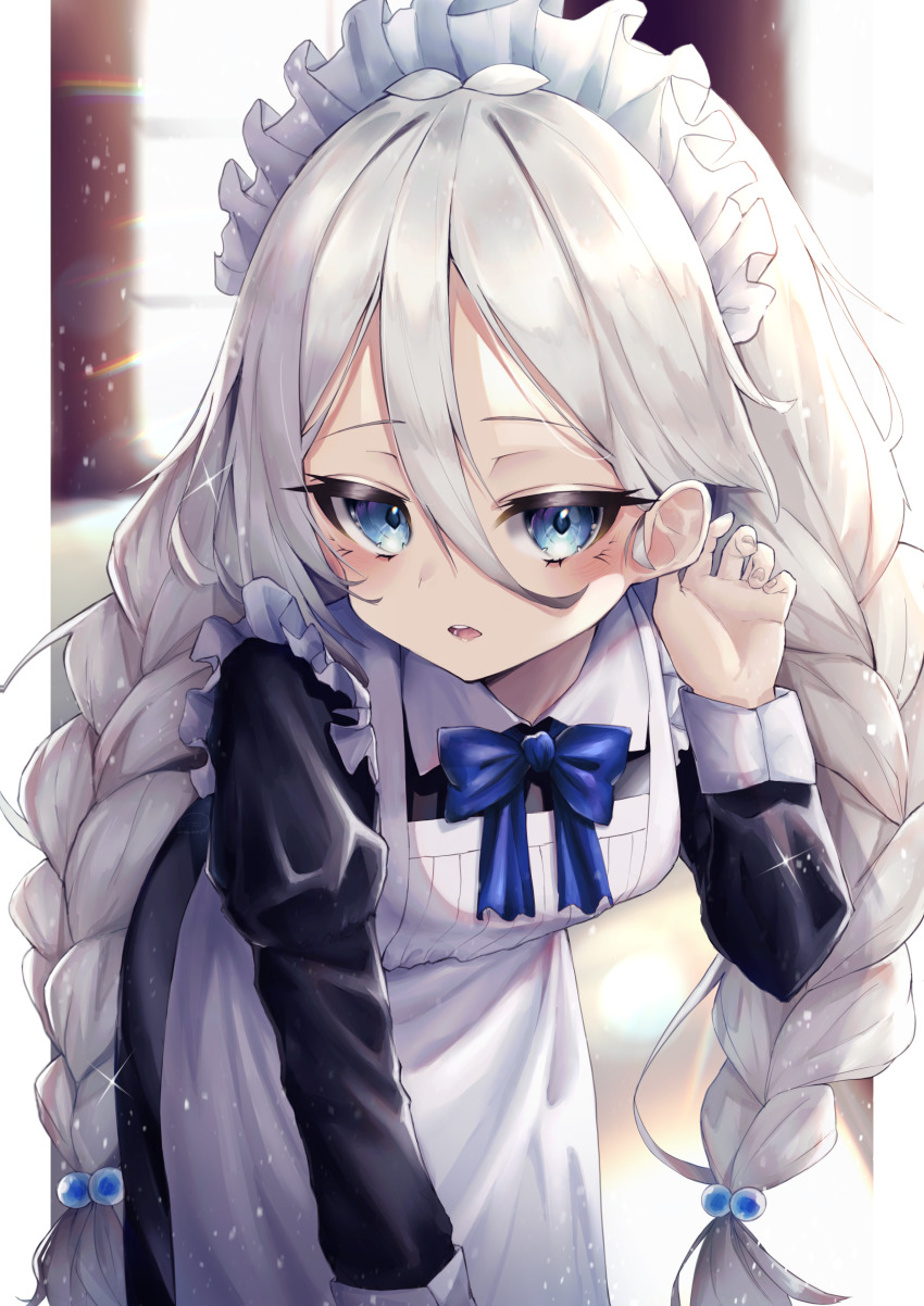 1girl, absurdres, alternate_costume, antenna_hair, apron, blue_bow, blue_bowtie, blue_eyes