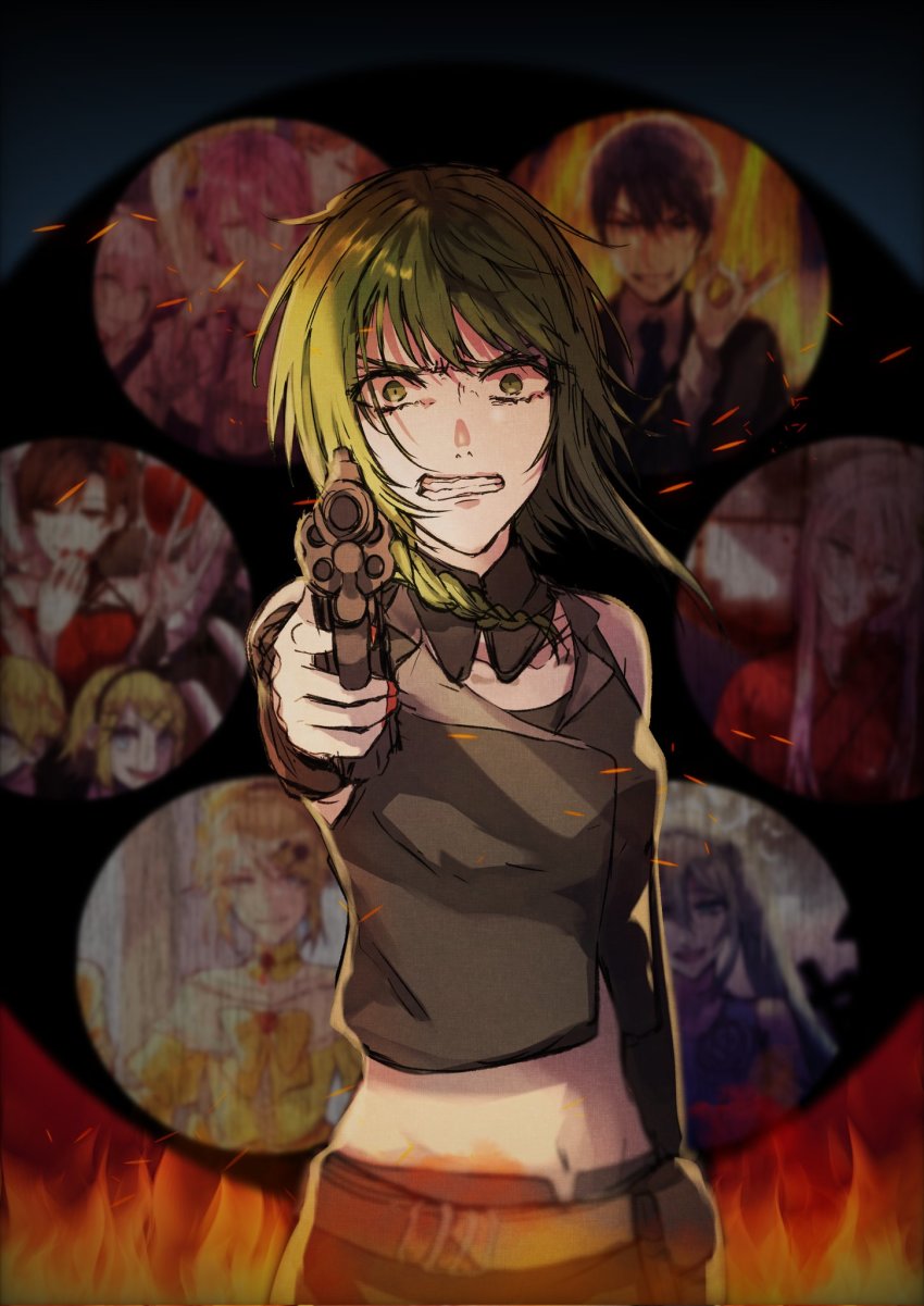 1girl, aiming, aiming_at_viewer, angry, bare_shoulders, clenched_teeth, constricted_pupils, detached_collar, embers, evillious_nendaiki, fire, frown, furious, glaring, green_eyes, green_hair, grey_jacket, gumi, gun, handgun, highres, holding, holding_gun, holding_weapon, holster, jacket, midriff, nail_polish, navel, nemesis_no_juukou_(vocaloid), nemesis_sudou, pointing, pointing_at_viewer, red_nails, revolver, side_ponytail, sleeveless, sleeveless_jacket, solo_focus, teeth, vocaloid, warabi_(danngo-mitarasi), weapon