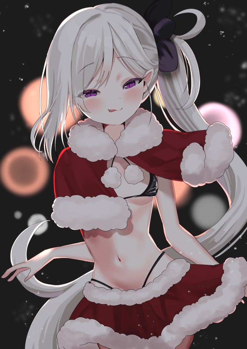 1girl, bare_arms, bikini, black_bikini, blue_archive, blurry, blush, bokeh, breasts, capelet, closed_mouth, cowboy_shot, depth_of_field, dot_nose, grey_hair, half-closed_eyes, highres, long_hair, looking_at_viewer, micro_bikini, miniskirt, mutsuki_(blue_archive), navel, purple_eyes, raised_eyebrows, santa_costume, side_ponytail, siranami_eight, skirt, small_breasts, smile, snow, solo, string_bikini, swimsuit, tongue, tongue_out