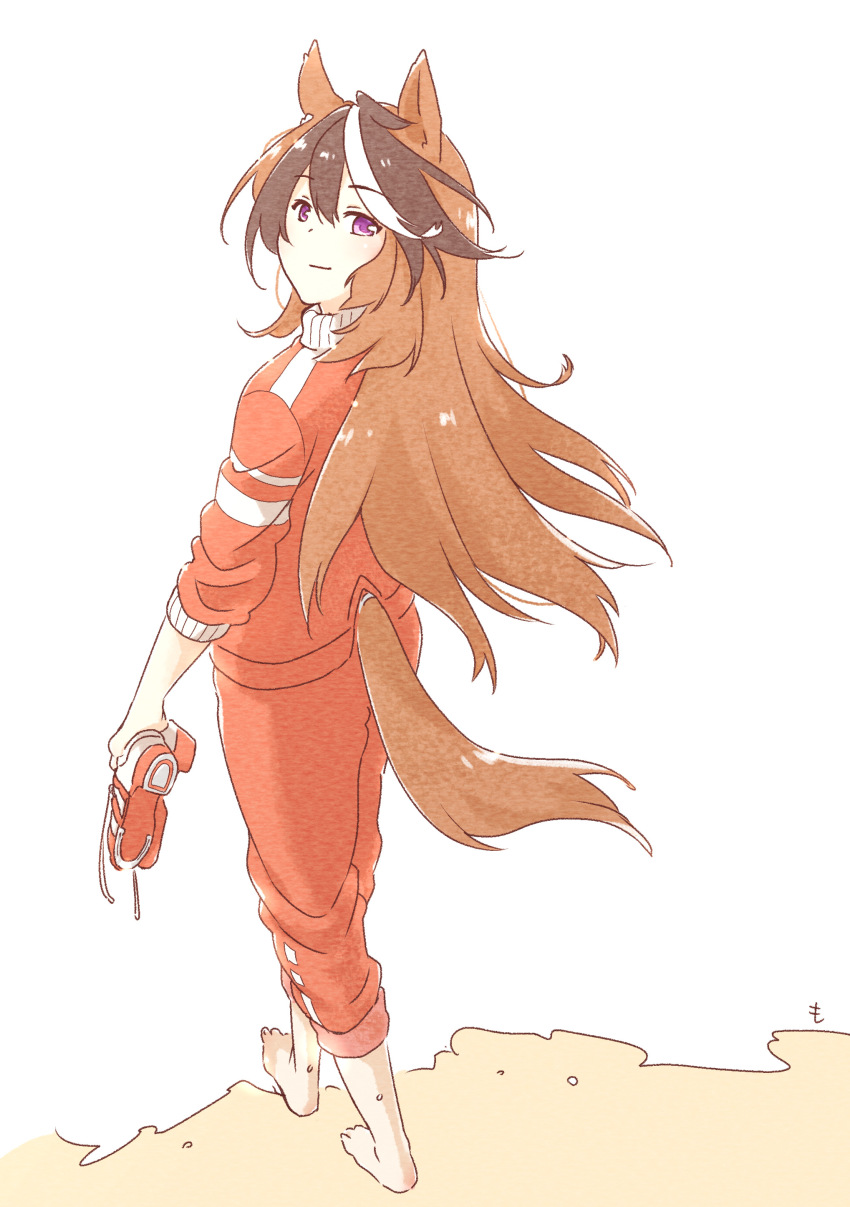 1girl, absurdres, animal_ears, barefoot, brown_hair, earrings, highres, holding