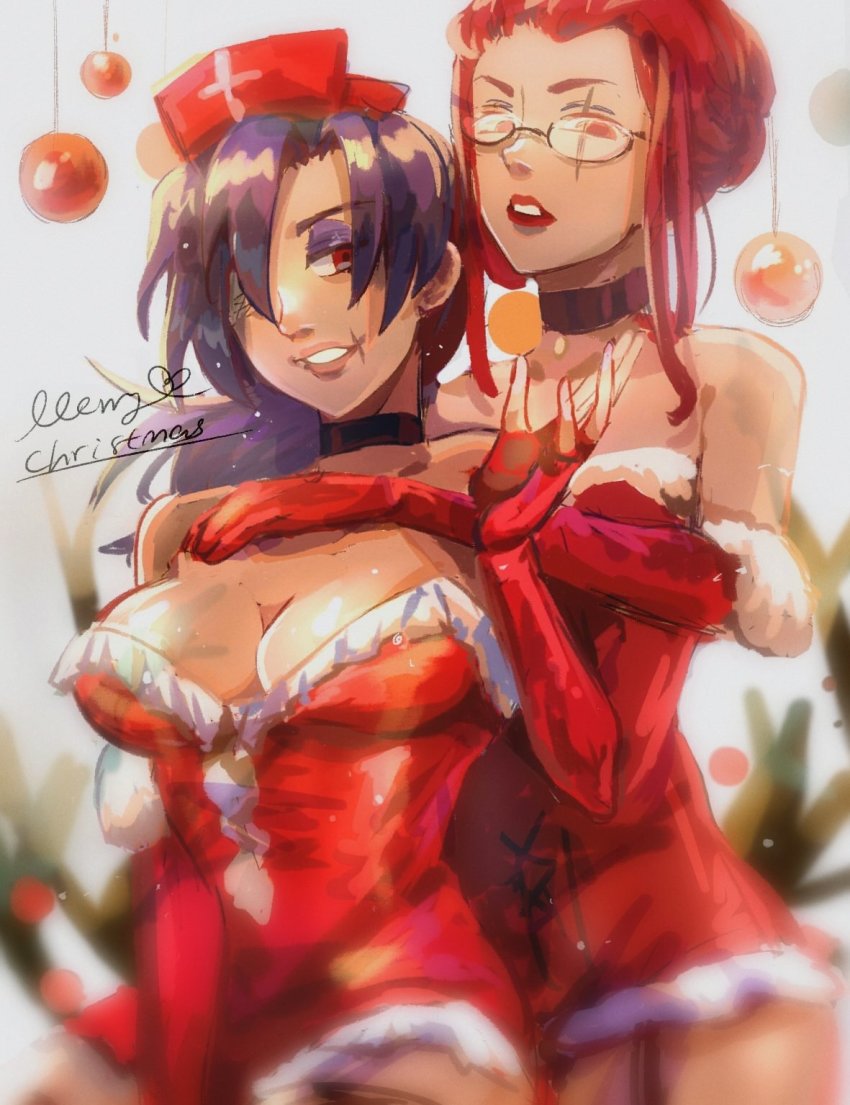 2girls, blue_hair, choker, christmas, christmas_(skullgirls), elbow_gloves, eyepatch, eyeshadow