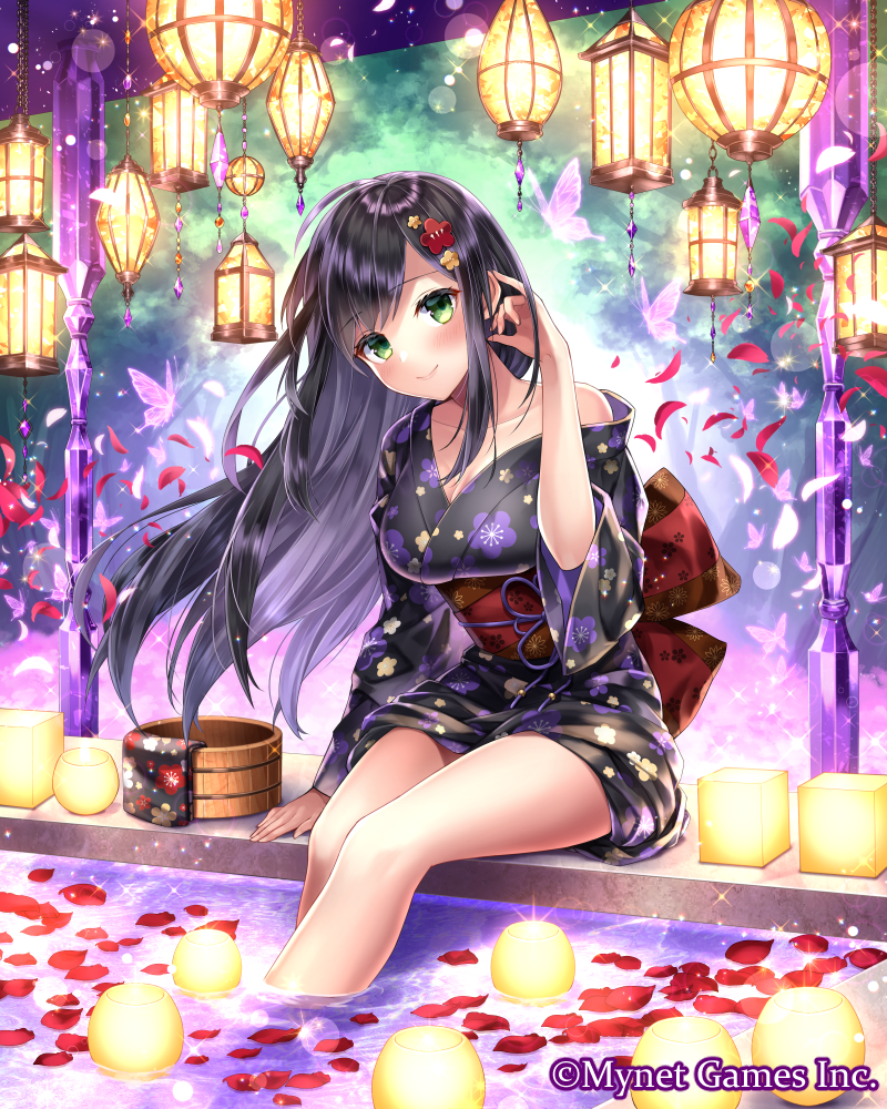 1girl, black_hair, blush, breasts, bug, butterfly, candle, closed_mouth