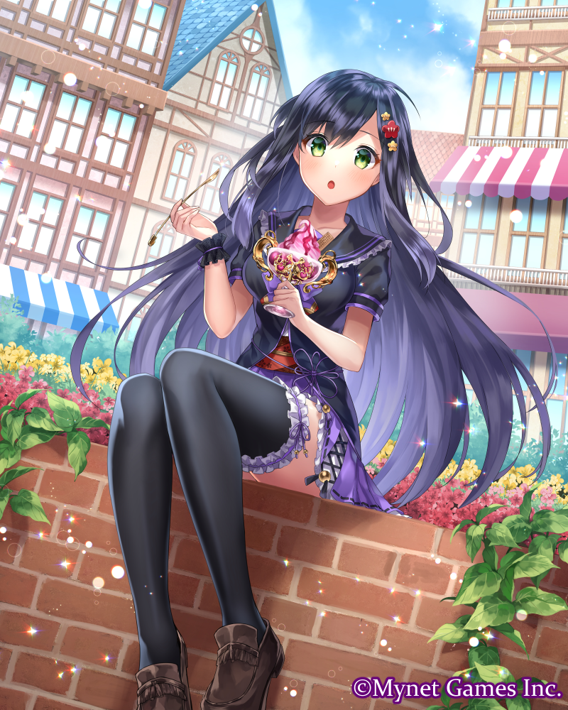 1girl, black_hair, blush, city, cloud, dress, green_eyes, hair_ornament