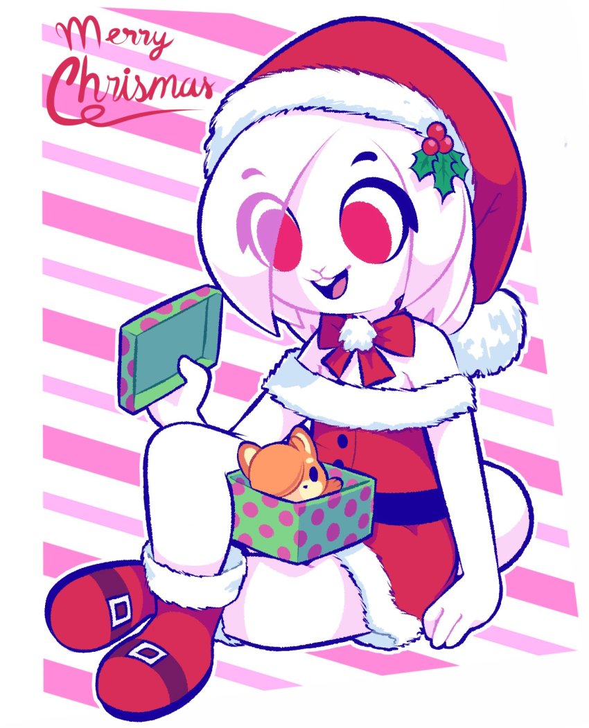animal_ears, animate_object, box, christmas, dress, english_text, fur-trimmed_headwear, fur_trim