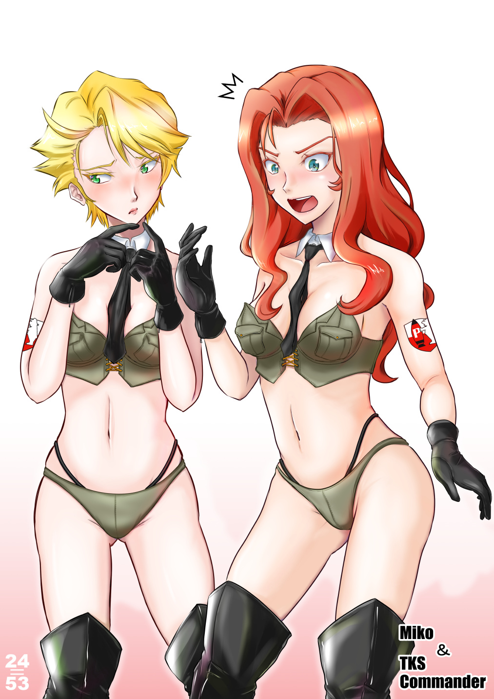 2girls, ^^^, adapted_costume, artist_name, between_breasts, bikini, black_footwear, black_gloves, black_necktie, blush, bonple_(emblem), bonple_military_uniform, boots, breasts, brown_bikini, character_name, closed_mouth, collar, commentary_request, detached_collar, embarrassed, extra, fingers_together, frown, girls_und_panzer, girls_und_panzer_saishuushou, gloves, green_eyes, half-closed_eyes, highres, long_hair, looking_away, maiko_(girls_und_panzer), medium_breasts, multi-strapped_bikini, multiple_girls, navel, necktie, nishi_itsumi, open_mouth, partial_commentary, pointy_hair, red_hair, short_hair, shoulder_tattoo, small_breasts, standing, swept_bangs, swimsuit, tattoo, thigh_boots, thighhighs, white_background, white_collar, wing_collar