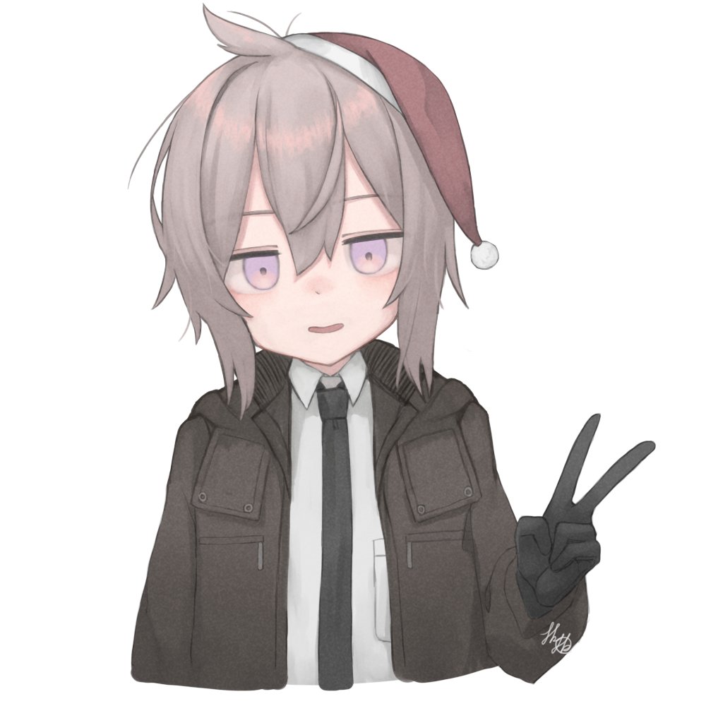 1girl, :d, black_gloves, black_necktie, blouse, brown_hair, brown_jacket, christmas