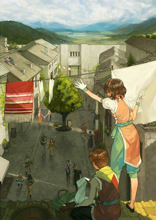 4girls, 6+boys, alex_(suikoden), barbara_(suikoden), bob_(suikoden), brown_hair, building, chaco_(suikoden), clothesline, cloud, futch_(suikoden), gabocha, gengen_(suikoden), gensou_suikoden, gensou_suikoden_ii, gloves, hairband, hilda_(suikoden), hix_(suikoden), humphrey_mintz, mountain, multiple_boys, multiple_girls, nanami_(suikoden), riou_(suikoden), short_hair, sid_(suikoden), tengaar_(suikoden), tree, waving, zhuzi