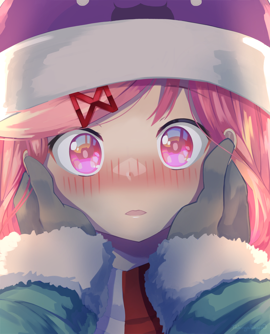 1girl, animal_hat, black_gloves, blush, close-up, commentary, doki_doki_literature_club, english_commentary, eye_reflection, fur-trimmed_sleeves, fur_trim, gloves, hair_ornament, hairclip, hands_on_another's_cheeks, hands_on_another's_face, hat, imminent_kiss, natsuki_(doki_doki_literature_club), nose_blush, parted_lips, pink_eyes, pink_hair, pov, pov_hands, reflection, solo_focus, swept_bangs, takuyarawr