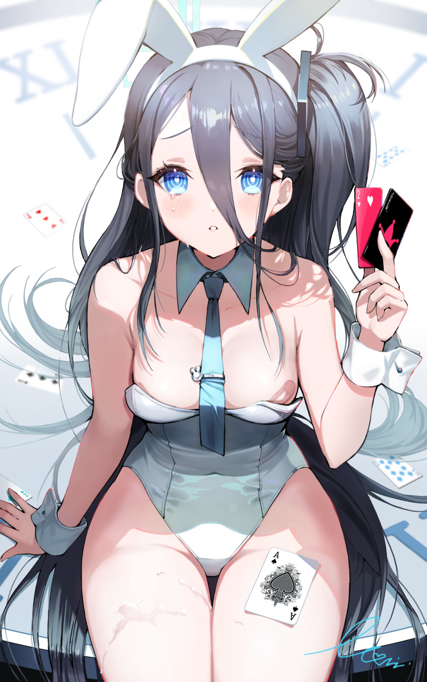1girl, absurdres, animal_ear_hairband, animal_ears, aris_(blue_archive), arm_support, bandaid, bandaids_on_nipples
