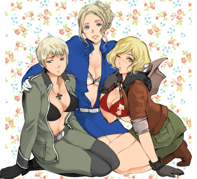 00s, 3girls, america_(female)_(hetalia), america_(hetalia), axis_powers_hetalia, bikini, bikini_top_only, blonde_hair