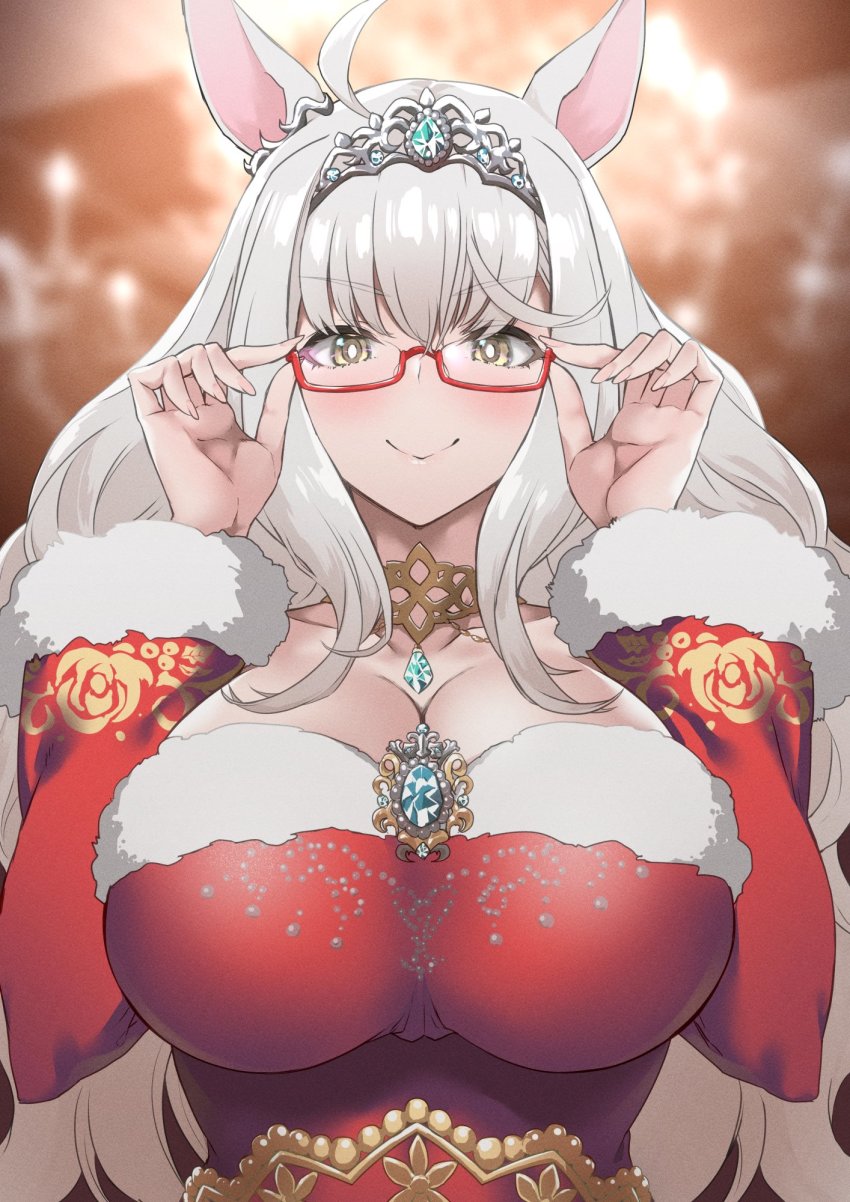 1girl, adjusting_eyewear, animal_ears, biwa_hayahide_(rouge_caroler)_(umamusume), biwa_hayahide_(umamusume), blush, breasts, cleavage, commentary_request, glasses, hair_between_eyes, hair_ornament, highres, horse_ears, horse_girl, huge_breasts, jewelry, large_breasts, long_hair, looking_back, morimoto_kiyona, red-framed_eyewear, semi-rimless_eyewear, tiara, umamusume, under-rim_eyewear, white_hair, yellow_eyes