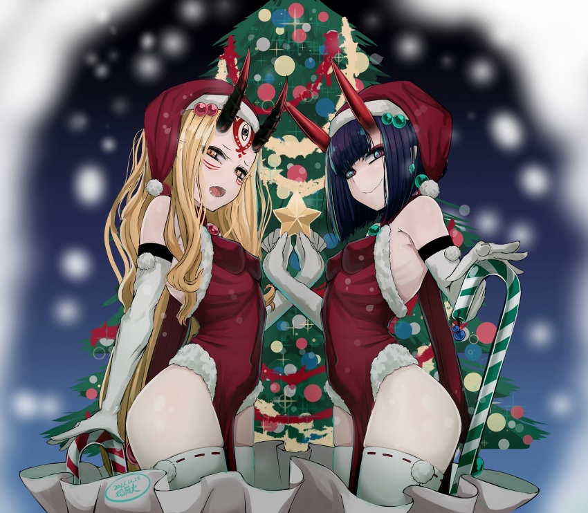 2girls, b.d, bare_shoulders, blonde_hair, bob_cut, breasts, christmas_tree, dress