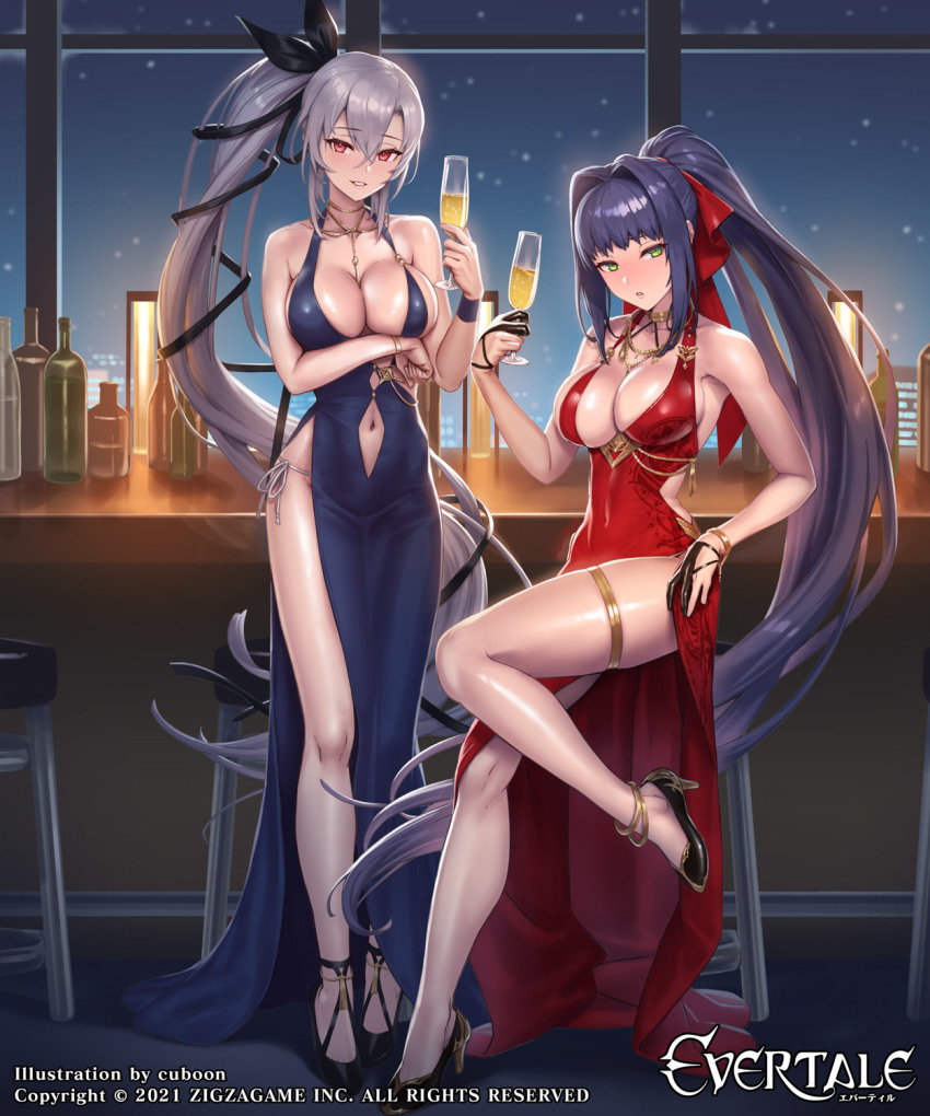 2girls, anklet, arm_under_breasts, bare_legs, bare_shoulders, blue_dress, breasts, champagne_flute, clarice_(evertale), cleavage, clothing_cutout, cuboon, cup, dress, drinking_glass, evertale, green_eyes, high_heels, highres, jewelry, large_breasts, looking_at_viewer, ludmilla_(evertale), multiple_girls, navel, navel_cutout, official_art, ponytail, pumps, purple_hair, red_dress, red_eyes, shoes, side_slit, sitting, standing, thighs, white_hair