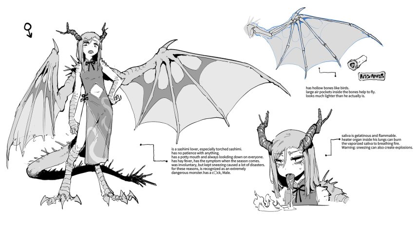 1boy, bags_under_eyes, reference_sheet, china_dress, chinese_clothes, clothing_cutout, dragon_boy, dragon_horns, dragon_wings, dress, drooling, english_text, full_body, highres, horns, kaiju_girls, karasu_raven, lim_(kaiju_girls), male_focus, mars_symbol, monochrome, monster_boy, navel_cutout, open_mouth, second-party_source, solo, standing, tongue, tongue_out, trap, wings