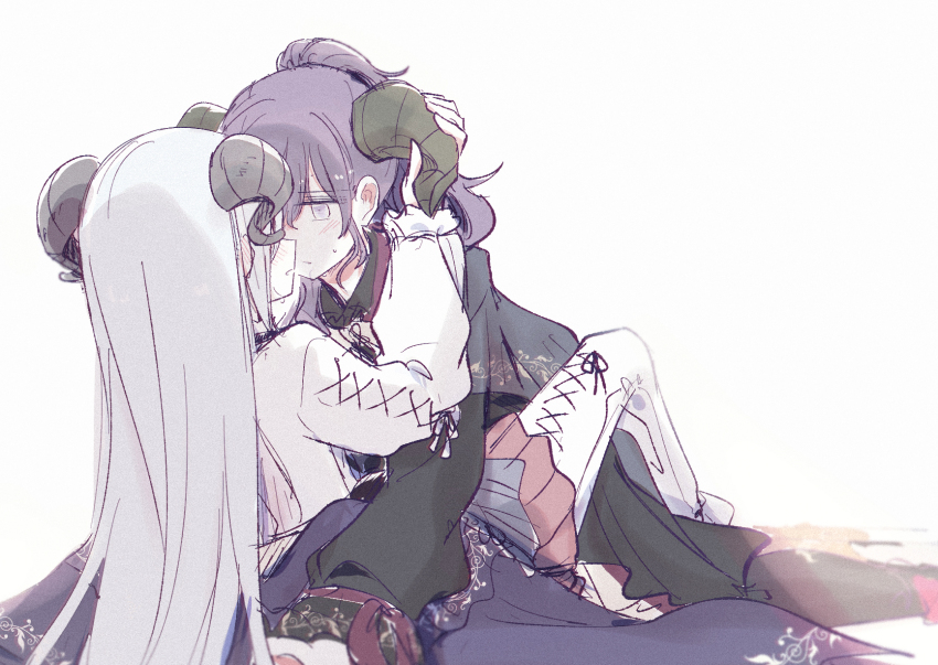 2girls, asahina_mafuyu, boku_no_ashiato_kimi_no_yukusaki_(project_sekai), chichan54_(clubhappy), goat_horns, highres, horns, imminent_kiss, long_hair, multiple_girls, on_person, ponytail, project_sekai, purple_hair, white_background, white_hair, yoisaki_kanade, yuri