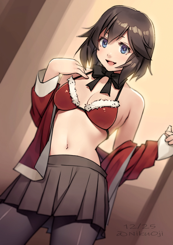 1girl, bare_shoulders, bikini, blue_eyes, breasts, brown_hair, christmas, cowboy_shot