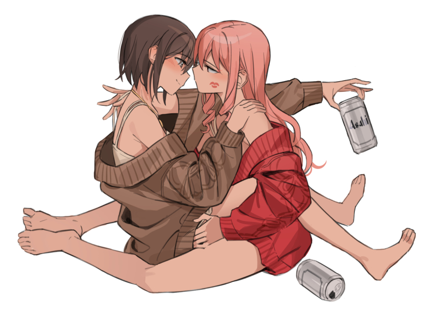 2girls, akiyama_mizuki, alcohol, anmin_dreamingribbon_(project_sekai), beer, beer_can, brown_hair, can, drink_can, hair_down, lipstick_mark, long_hair, multiple_girls, namgic, pink_hair, project_sekai, shinonome_ena, short_hair, smile, straddling, sweater, yuri