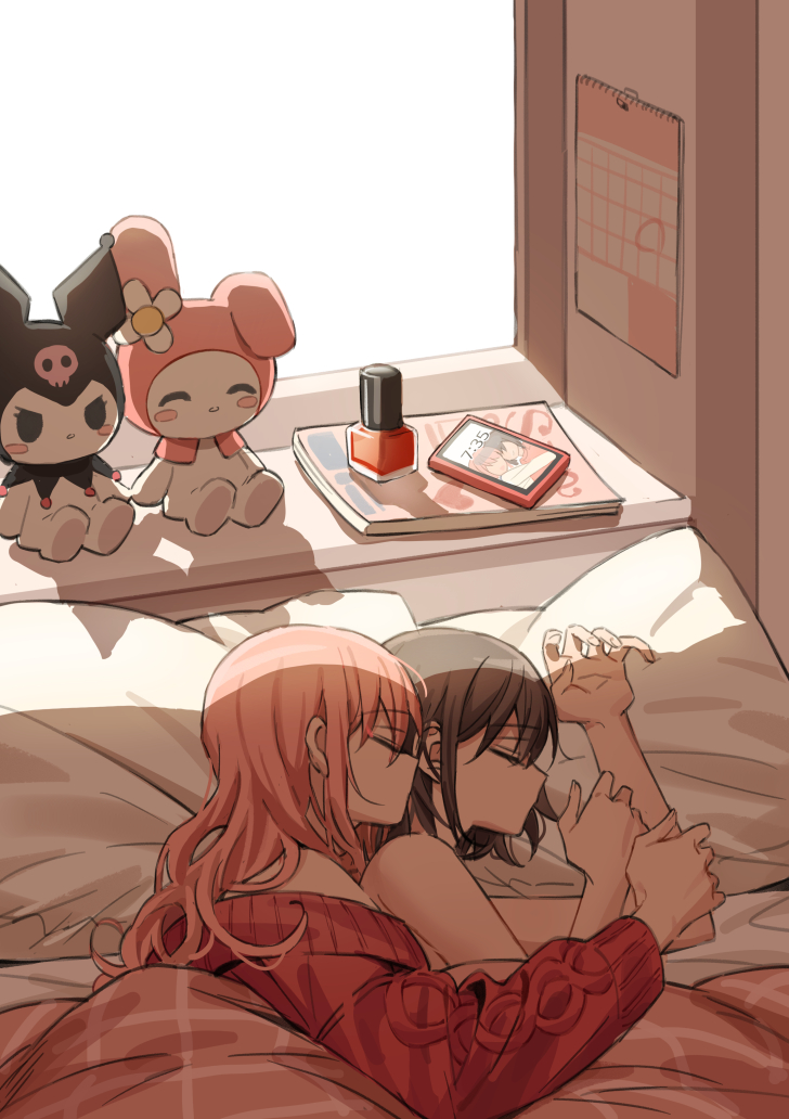 2girls, akiyama_mizuki, anmin_dreamingribbon_(project_sekai), bad_id, bad_twitter_id, blanket, brown_hair, closed_eyes