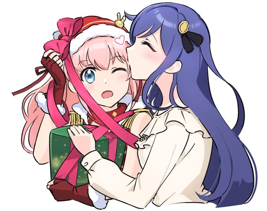 2girls, :o, arm_up, black_ribbon, blue_eyes, blue_hair, blush, bow