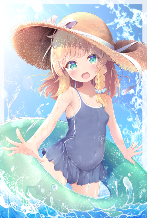 1girl, blonde_hair, blue_eyes, blue_one-piece_swimsuit, blue_skirt, braid, cloud, hat, innertube, looking_at_viewer, miniskirt, one-piece_swimsuit, open_mouth, original, outdoors, pirason, pregnant, pubic_tattoo, short_hair, skirt, sky, smile, solo, sun_hat, swim_ring, swimsuit, swimsuit_skirt, tattoo, wading, water