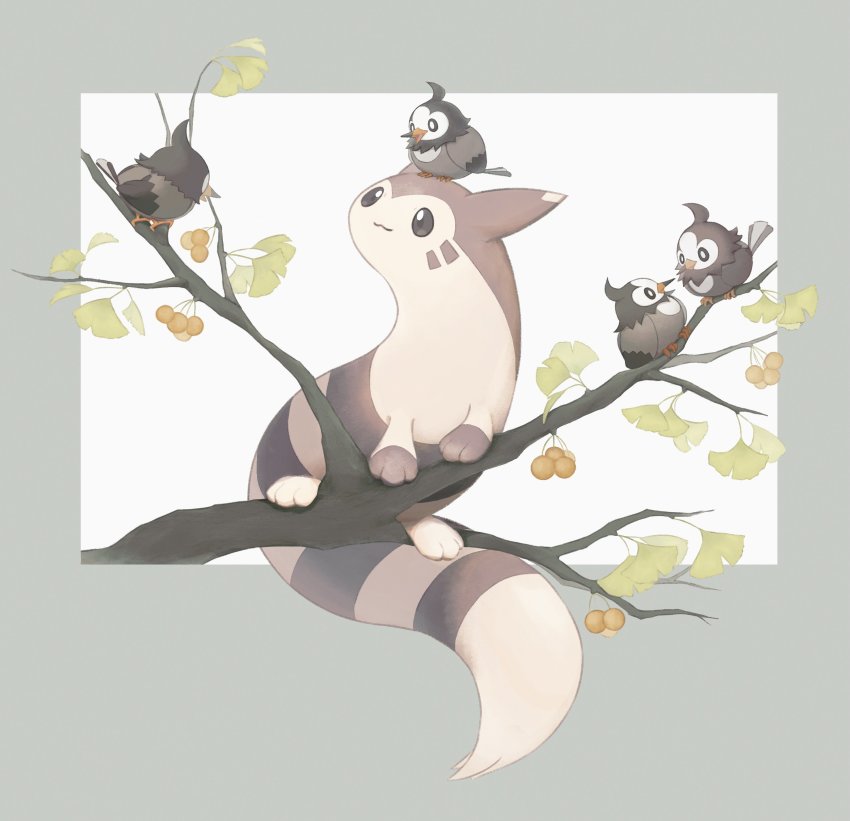 absurdres, berry, bird, border, branch, closed_mouth, fireblast, furret, gen_2_pokemon, gen_4_pokemon, grey_border, highres, leaf, nintendo, no_humans, on_head, outside_border, pokemon, pokemon_(creature), pokemon_on_head, smile, starly, toes