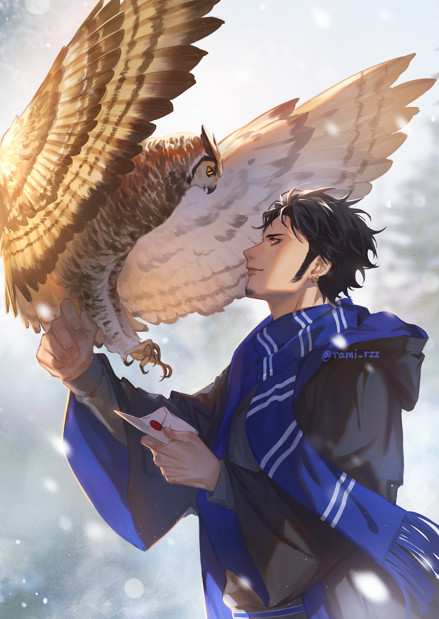 1boy, animal, bird, black_hair, blue_scarf, coat, earrings, envelope