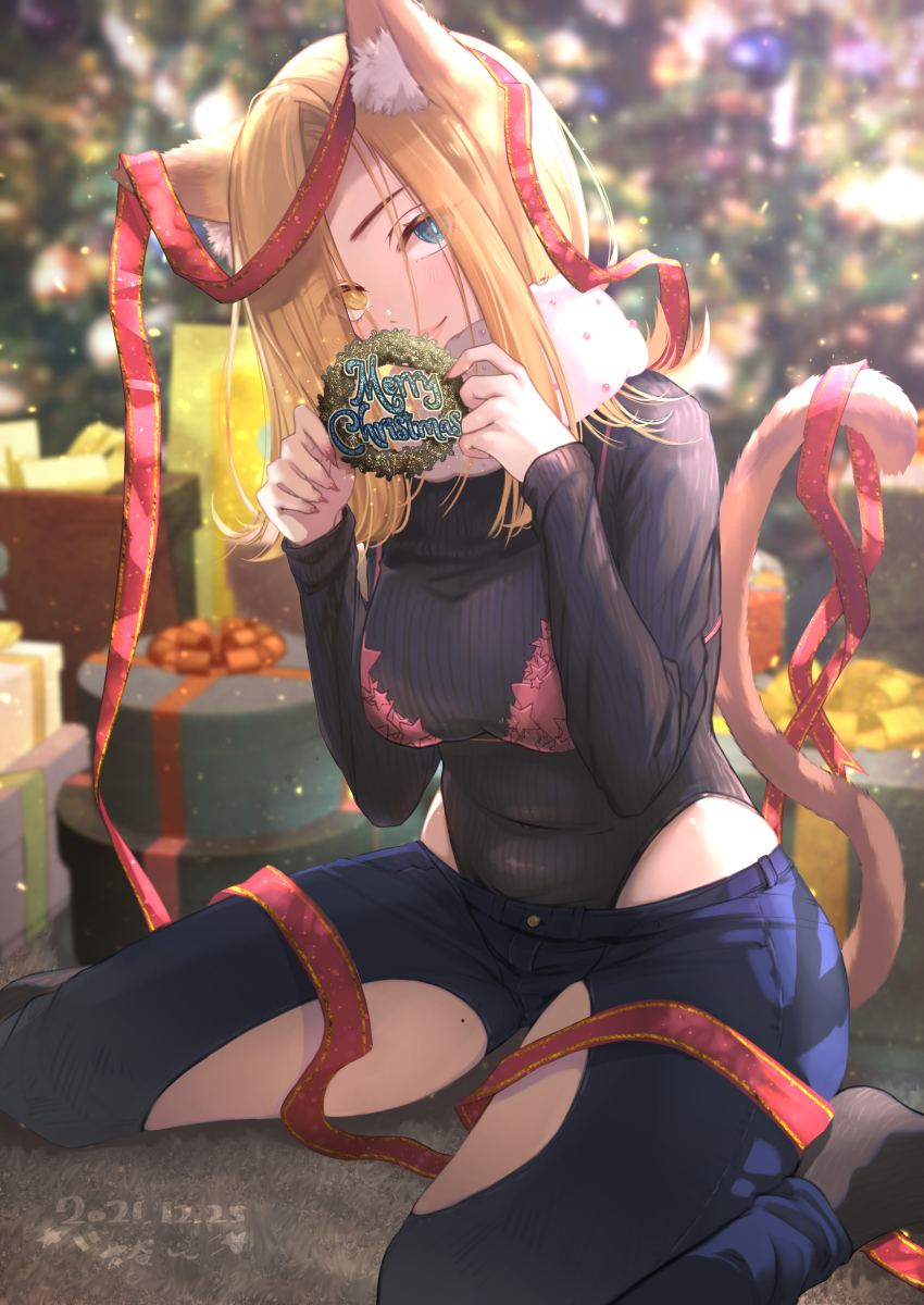 1girl, absurdres, animal_ears, blonde_hair, breasts, cat_ears, cat_tail, chaa_art