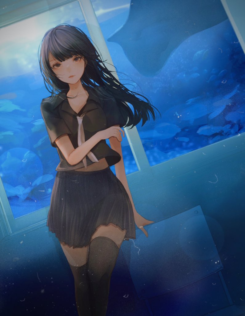 1girl, aquarium, black_hair, black_shirt, black_thighhighs, female_focus, kevin_bayashi, long_hair
