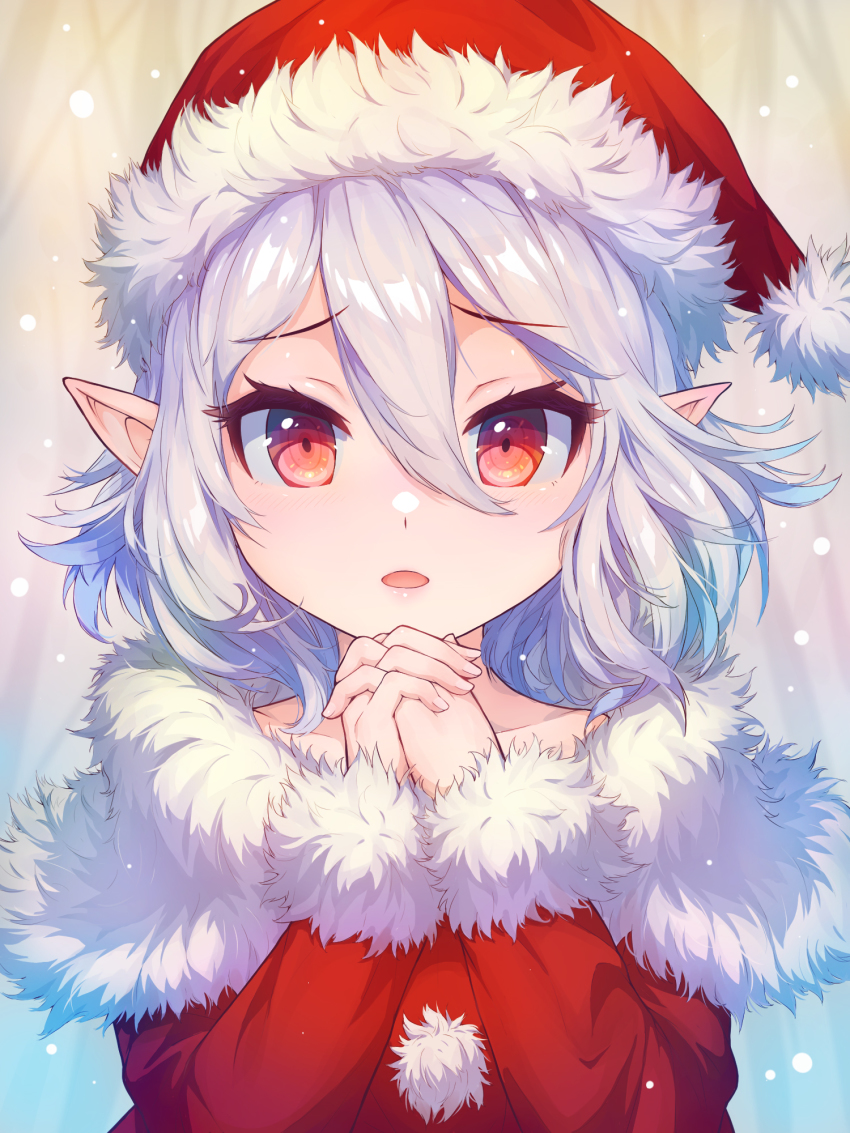 1girl, breasts, elf, hair_between_eyes, hat, highres, kokkoro_(princess_connect!), merry_christmas