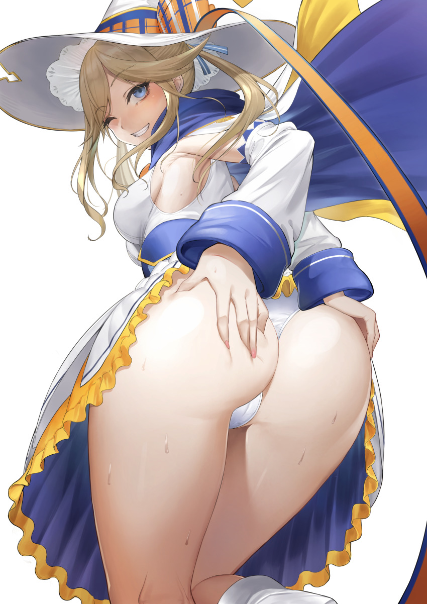 1girl, absurdres, ass, blonde_hair, blue_eyes, blush, breasts, cape