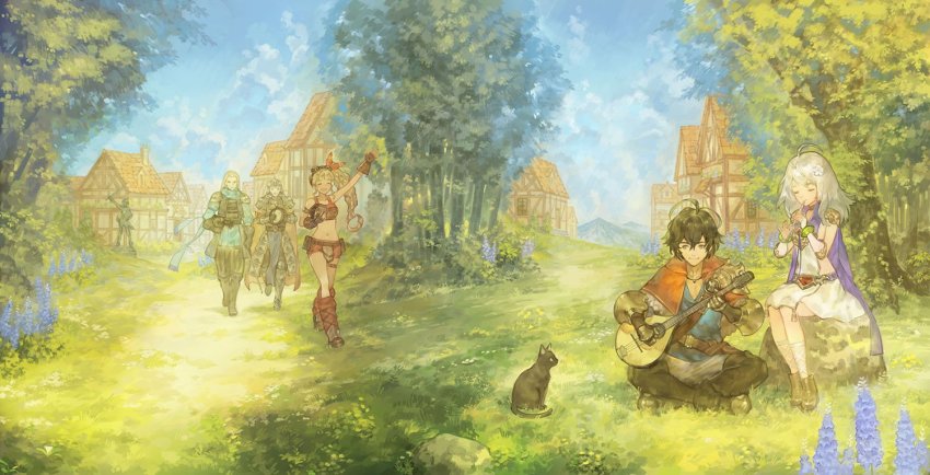 2girls, aldo_(another_eden), another_eden, armor, black_cat, black_hair, breasts, building