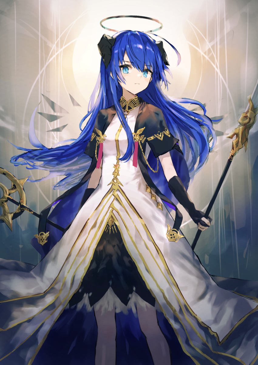 1girl, absurdres, arknights, backlighting, black_dress, black_gloves, blue_cape, blue_eyes