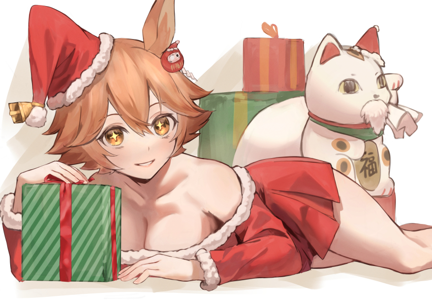1girl, absurdres, bare_shoulders, bell, blush, breasts, brown_hair, christmas