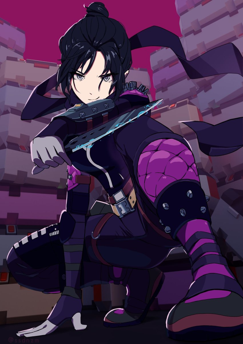 1girl, animification, apex_legends, black_bodysuit, black_scarf, bodysuit, breasts, commentary