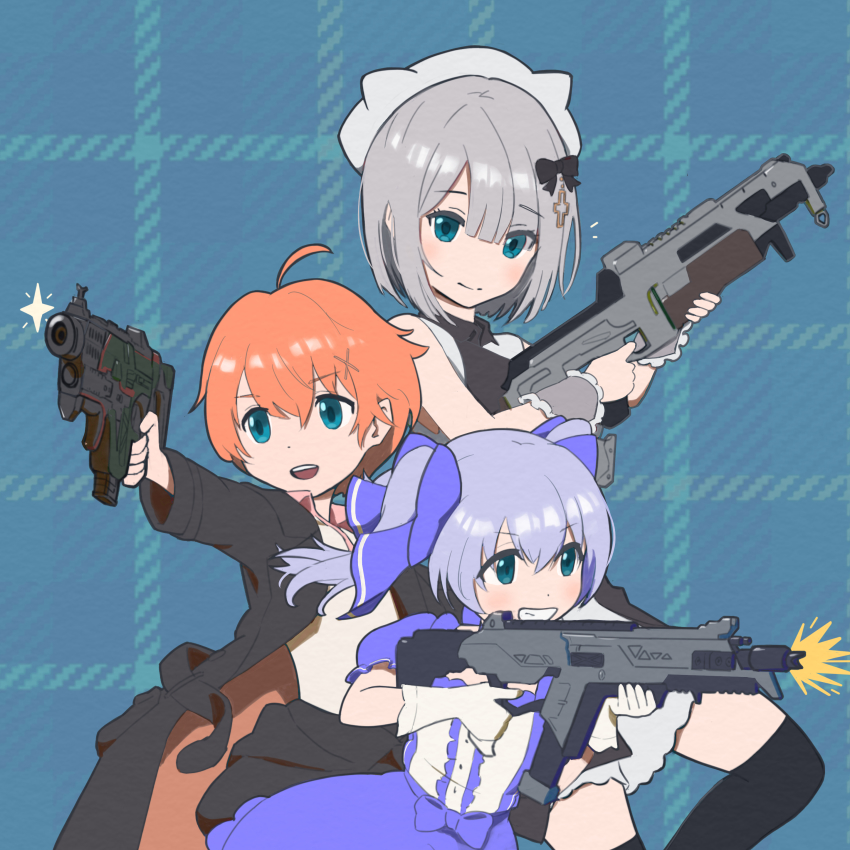 1boy, 2girls, absurdres, apex_legends, assault_rifle, black_jacket, blue_dress, blue_eyes