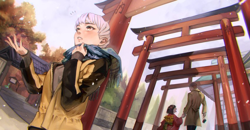 1boy, 1girl, absurdres, age_progression, animification, apex_legends, architecture, black_hair, blue_scarf, blush, bossan_3310, breasts, brown_jacket, east_asian_architecture, facial_hair, father_and_child, father_and_daughter, grey_hair, hair_behind_ear, highres, jacket, looking_down, medium_breasts, mustache, open_hand, parent_and_child, parted_lips, scarf, short_hair, snowing, titanfall_(series), titanfall_2, torii, tree, valkyrie_(apex_legends), viper_(titanfall_2), yellow_jacket