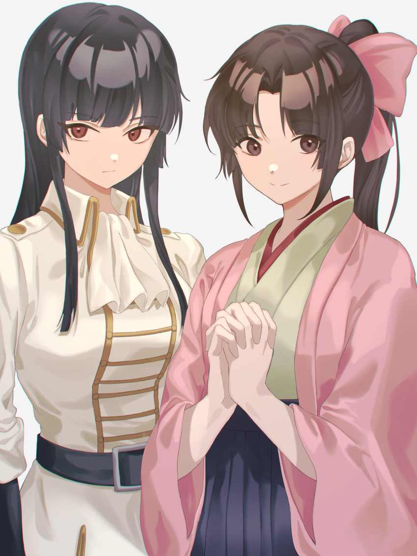 2girls, absurdres, belt, black_hair, blunt_bangs, crate, gintama, hair_ornament, high_ponytail, highres, hime_cut, imai_nobume, japanese_clothes, kimono, long_hair, merukoodo, military, military_uniform, multiple_girls, own_hands_clasped, own_hands_together, ponytail, red_eyes, sidelocks, tokugawa_soyo, white_background, wide_sleeves