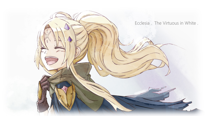 1girl, blonde_hair, blue_cape, blush, brown_gloves, cape, character_name, closed_eyes