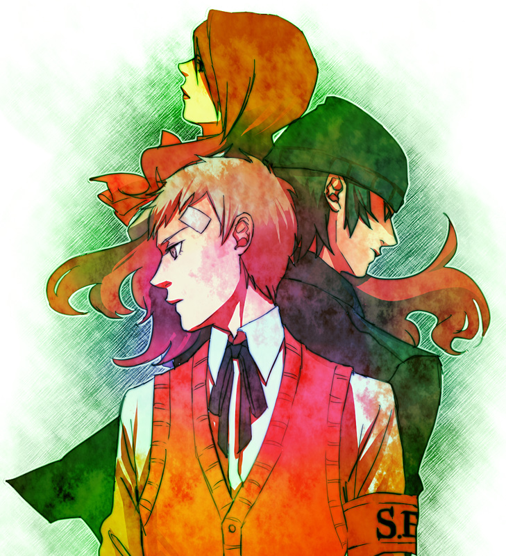 1girl, 2boys, aragaki_shinjirou, armband, atlus, bad_id, bad_pixiv_id, bandages