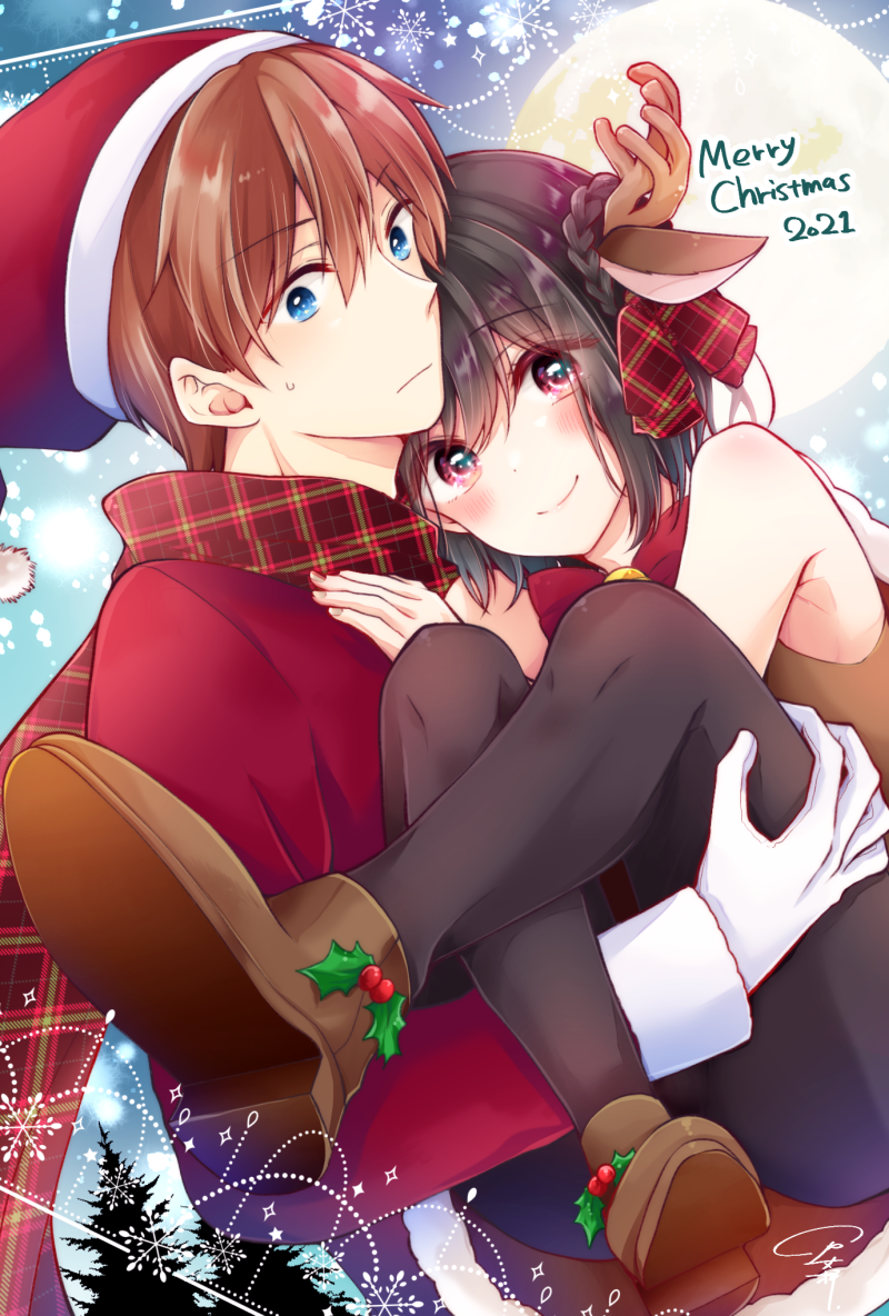 2boys, animal_costume, banjou_azusa, bell, black_hair, black_legwear, blue_eyes, blush