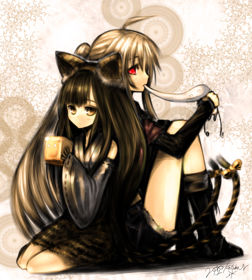 2girls, animal_ears, animal_print, blonde_hair, brown_eyes, brown_hair, detached_sleeves, eating, highres, hinomaru_(kotoba), japanese_clothes, kneeling, kokinu_(kotoba), kotoba_noriaki, long_hair, miko, missing_eye, multiple_girls, nichi_no_maru, original, red_eyes, sitting, tail, tiger_ears, tiger_print, tiger_tail