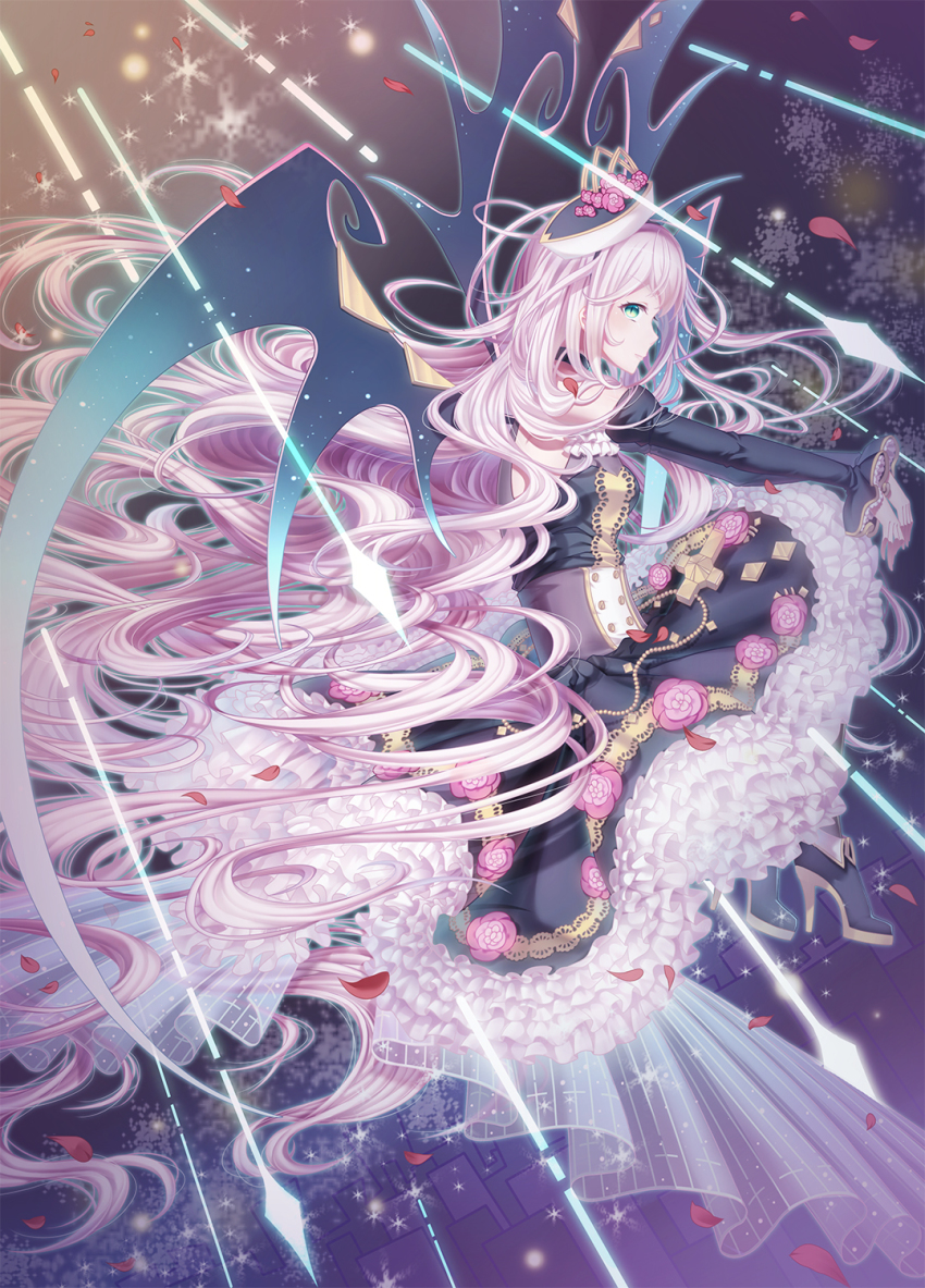 1girl, bare_shoulders, black_choker, black_dress, black_footwear, blue_eyes, character_request, choker, closed_mouth, detached_sleeves, dress, flower, hairband, hat, high_heels, highres, huangxing, long_hair, merc_storia, petals, pink_flower, pink_hair, slit_pupils, solo, very_long_hair, wings