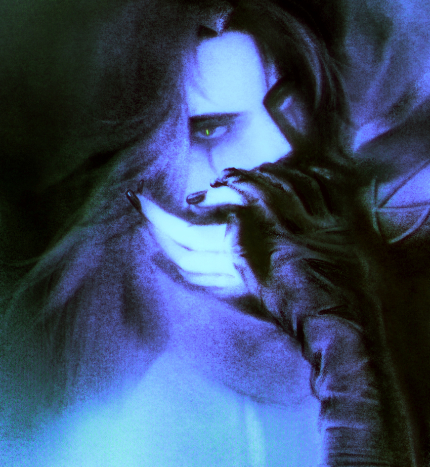 1boy, blue_theme, cborworbo, covered_mouth, dark, facial_mark, gloves, highres