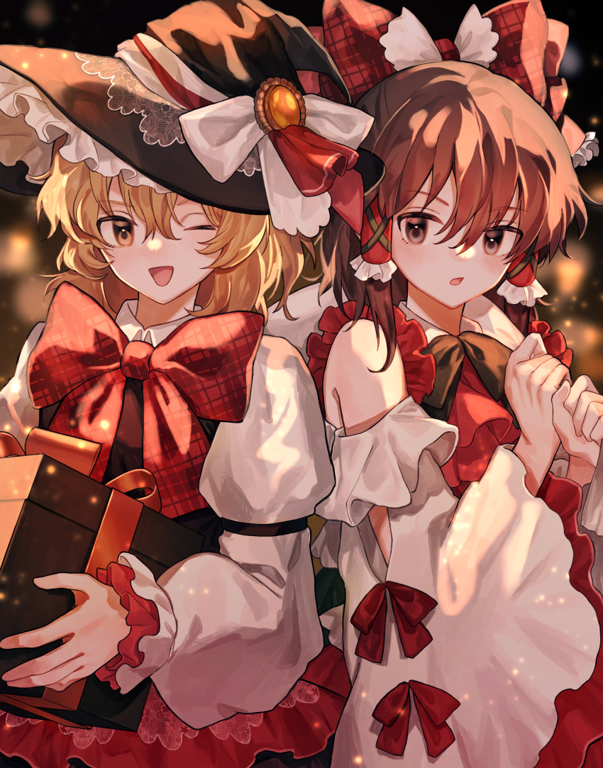 2girls, absurdres, bag, bare_shoulders, black_dress, black_headwear, blonde_hair, blush