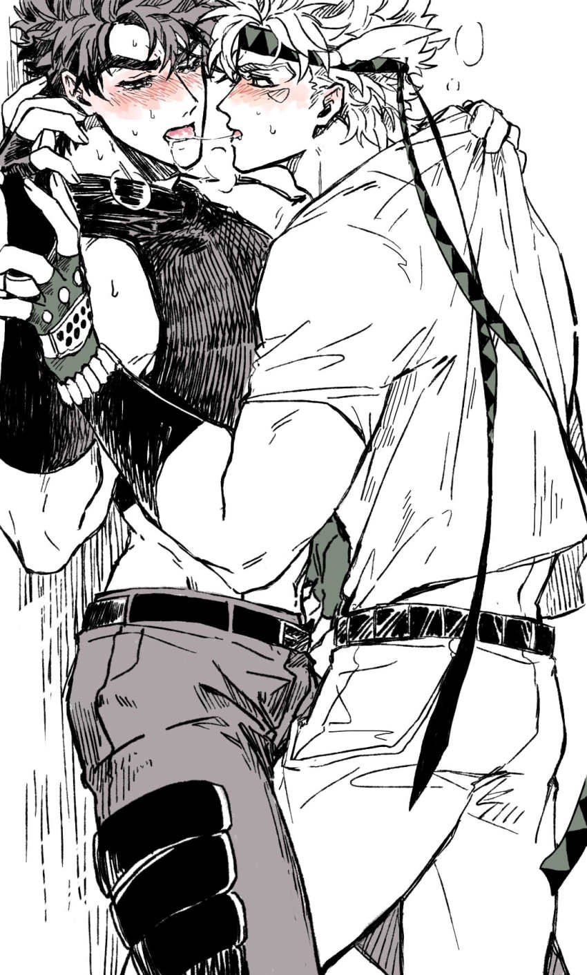 2boys, against_wall, bad_id, bad_pixiv_id, battle_tendency, blush, breath, caesar_anthonio_zeppeli, clothes_grab, face-to-face, fingerless_gloves, gloves, headband, highres, jojo_no_kimyou_na_bouken, joseph_joestar, joseph_joestar_(young), leg_between_thighs, midriff, multiple_boys, nigelungdayo, partially_colored, shirt, grabbing_another's_shirt, t-shirt, yaoi