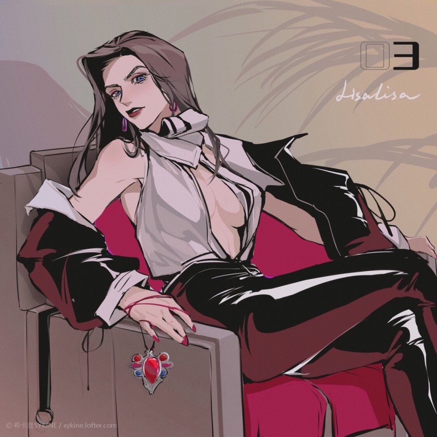 1girl, alternate_costume, black_hair, blue_eyes, breasts, chanasykine, cleavage, cleavage_cutout, clothing_cutout, earrings, jacket, jewelry, jojo_no_kimyou_na_bouken, leather, leather_jacket, leather_pants, lipstick, lisa_lisa, long_hair, makeup, nail_polish, pants, partially_undressed, red_stone_of_aja, solo