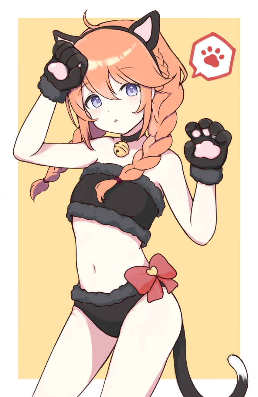 1girl, ahoge, animal_ears, animal_hands, bandeau, bare_arms, bare_shoulders, bell, black_panties, border, bow, braid, cat_ears, cat_paws, cat_tail, collar, commentary_request, cowboy_shot, dot_nose, fake_animal_ears, fake_tail, flat_chest, hairband, highres, long_hair, looking_at_viewer, midriff, navel, neck_bell, onigiri_noe, orange_hair, outside_border, panties, parted_lips, princess_connect!, purple_eyes, red_bow, solo, spoken_paw_print, tail, twin_braids, underwear, white_border, yuni_(princess_connect!)